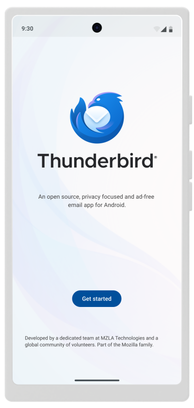 Android 版 Thunderbird のインターフェースが表示されている携帯端末。