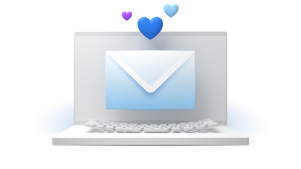 A laptop with an stylized envelope floating in front of the screen. Three hearts of descending size float above the envelope.